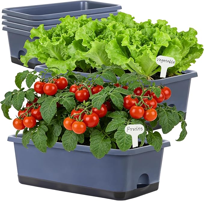 Window Box Planter 6 Pcs, 18 Inches Rectangle Flower Pots with Drainage Holes and Trays, Vegetable Planters for Windowsill Patio Garden Balcony Home Porch Yard Indoor Outdoor (Grey, 18*10*6 inch)
