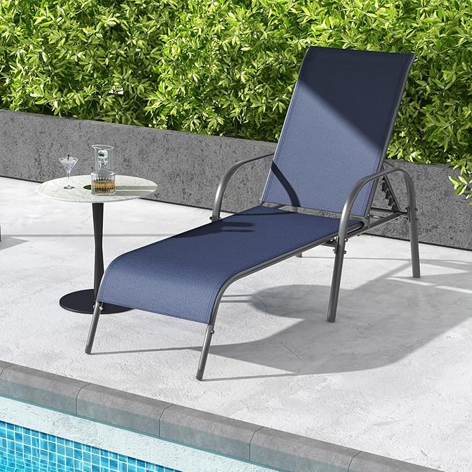 Giantex Patio Lounge Chair, Outdoor Chaise Lounge with 5 Adjustable Backrest, Sturdy Steel Frame, Sunbathing Recliner, Tanning Chair for Beach, Outside, Yard, Balcony, Pool Chairs, Navy