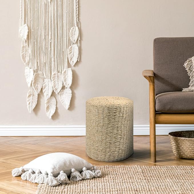 Wimarsbon Decor Round Pouf Ottoman Single Strand Paper Rope Pouf Footrest, Foot Stool, for Bed Room Living | Room | Accent Seat (Brown Paper Rope