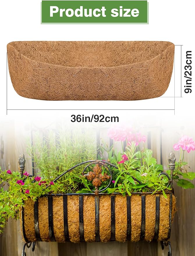 36in Coco Liners for Window Planter Box - 3 Pack 100% Natural Coconut Coir Fiber Liner Replacement for Deck Flower Box, Garden Railing Fence Trough, Wall Planter Basket, Vegetables Pot