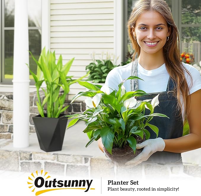 Outsunny Set of 3 Tall Planters, 18", 15.25", 11.75", MgO Indoor Outdoor Planters with Drainage Holes, Stackable Flower Pots for Garden, Patio, Balcony, Front Door, Black