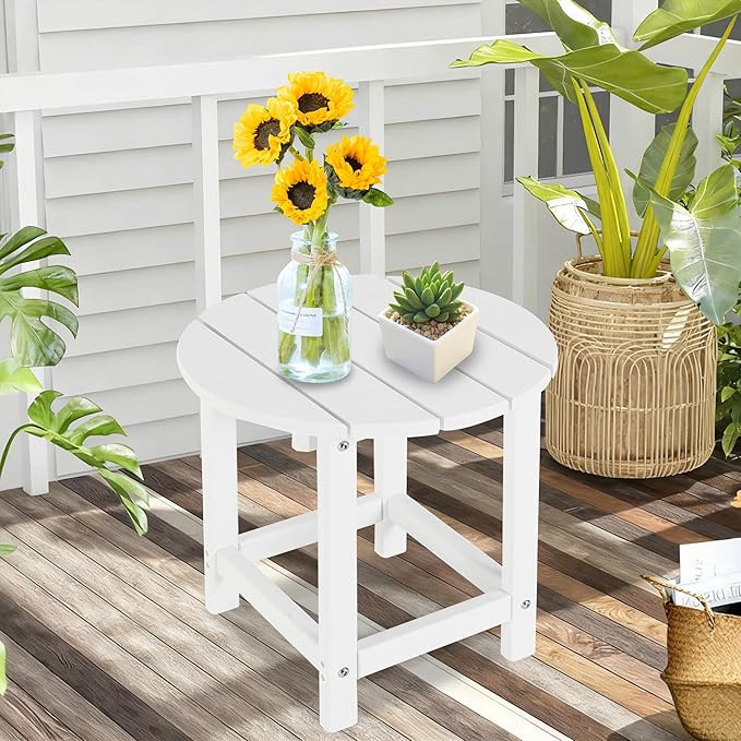 LZRS Round Adirondack Patio Side Table End Table, Outdoor Side Tables for Patio, Backyard,Pool, Indoor Companion, Easy Maintenance & Weather Resistant(White)
