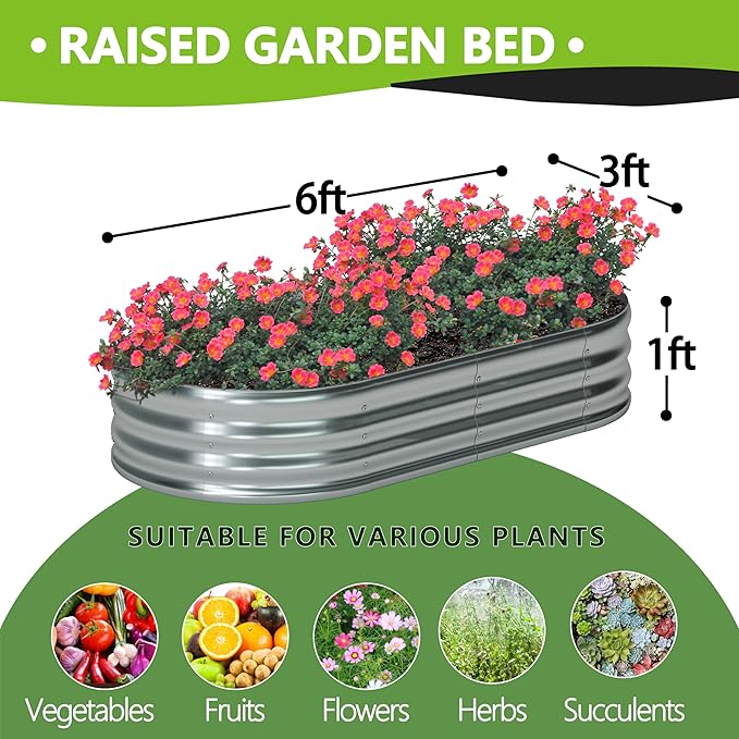 6x3x1ft(2 Pack) Galvanized Oval Raised Garden Bed,Outdoor Planter Box Metal Patio Kit Planting Bed for Vegetables Flowers Herb,Silver