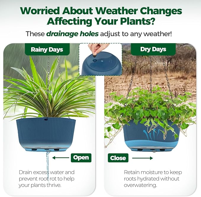 T4U 8 Inch Hanging Planters for Indoor Outdoor Plants, Self Watering Hanging Pot Pack of 2, Hanging Pots with Drainage Hole & Plug & Chain with 3 Hooks for Garden Home Decor, Blue