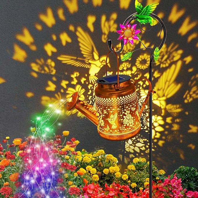 2 Pack Solar Lanterns Outdoor Waterproof,Hummingbird Watering Can Garden Decor,Hanging Solar Path Lights Yard Art,Outside Patio Decorations Gardening Christmas Gifts for Mom Grandma Women (with Hook)