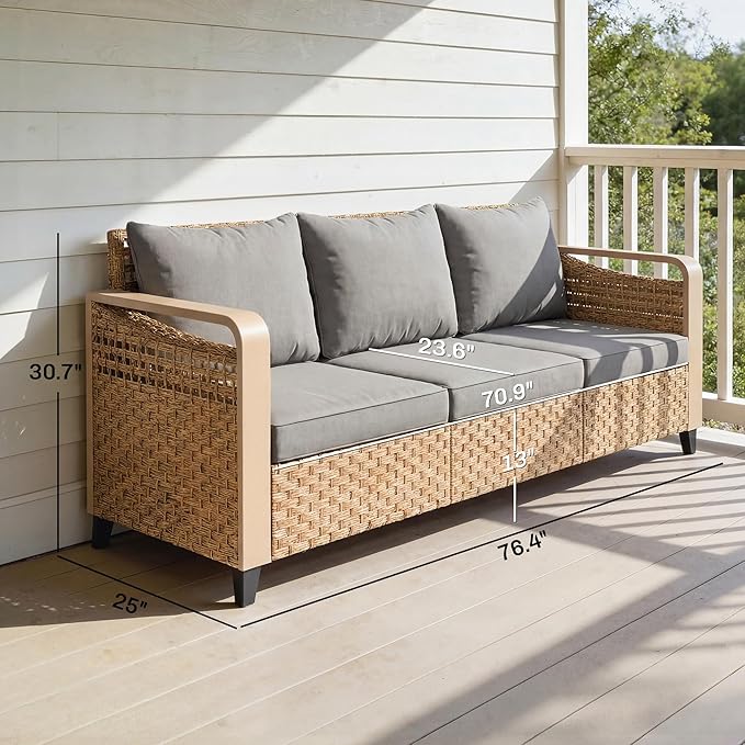 Outsunny Outdoor Patio Couch with Wide and Deep Seat, 3 Seater Wicker Outdoor Sofa with Wide Metal Armrests, Patio Furniture Couch with Cushions for Porch, Garden, Backyard, Gray | Removable Covers
