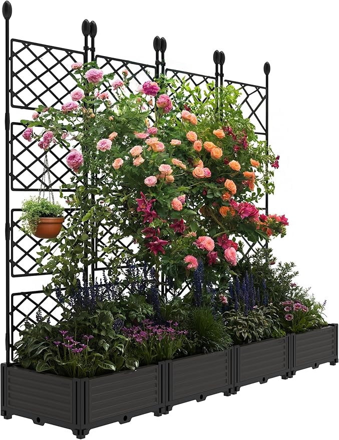 4 PCS Raised Garden Bed with Trellis & Privacy Screen, 66"w x 63"Tall Vertical Garden Planter Box for Climbing Plants - Sturdy Lightweight Outdoor Planter for Vegetables, Flowers on Patio, Balcony