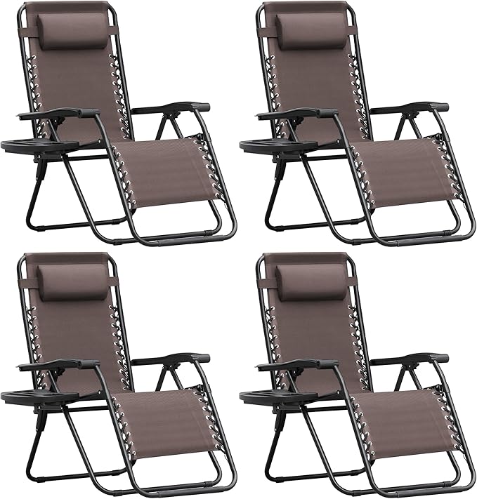 Homall Zero Gravity Chair Patio Folding Lawn Outdoor Lounge Gravity Camp Reclining Lounge Chair with Cup Holder Pillows for Poolside Backyard and Beach Set of 4 (Brown)