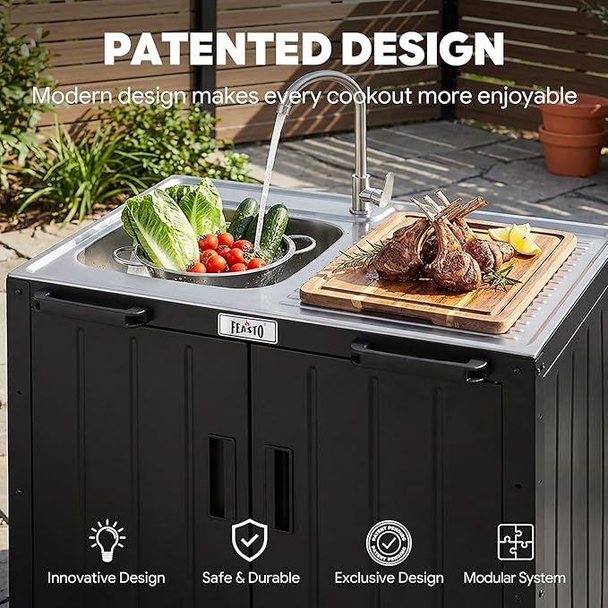 Outdoor Kitchen Island with Stainless Steel Sink and Storage Cabinet, 35-Inch BBQ Prep Station with Faucet & Lockable Wheels for Patio, Backyard, and Outdoor Cooking, Black & Silver
