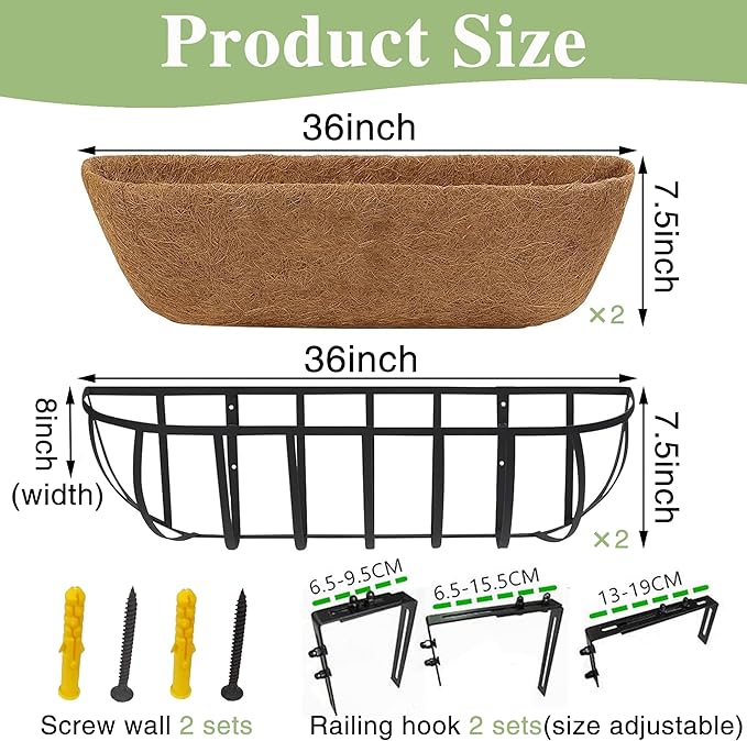 36 Inch Railing Planter Window Box Deck Balcony Rail Planter with Coco Liner Metal Wall-Mounted Coconut Liner Planters Basket Horse Trough Planters for Outdoor Balcony Porch Fence Patio (2 Pack)