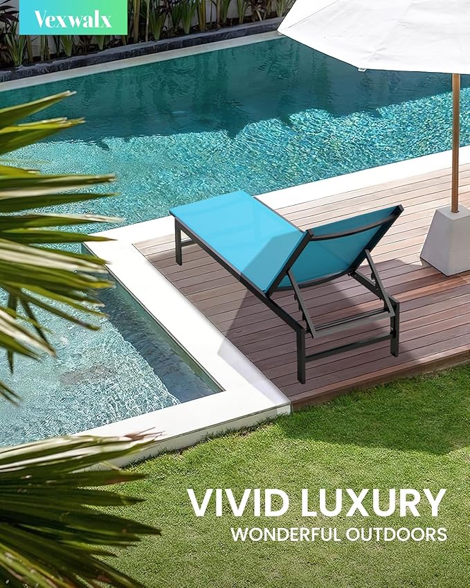 Outdoor Lounge Chair for Pool, Aluminum Chaise Lounge Chairs with 5-Position Recliner, Patio Lounge Chair for Backyard, Poolside, Deck, Lawn (Lakeblue)