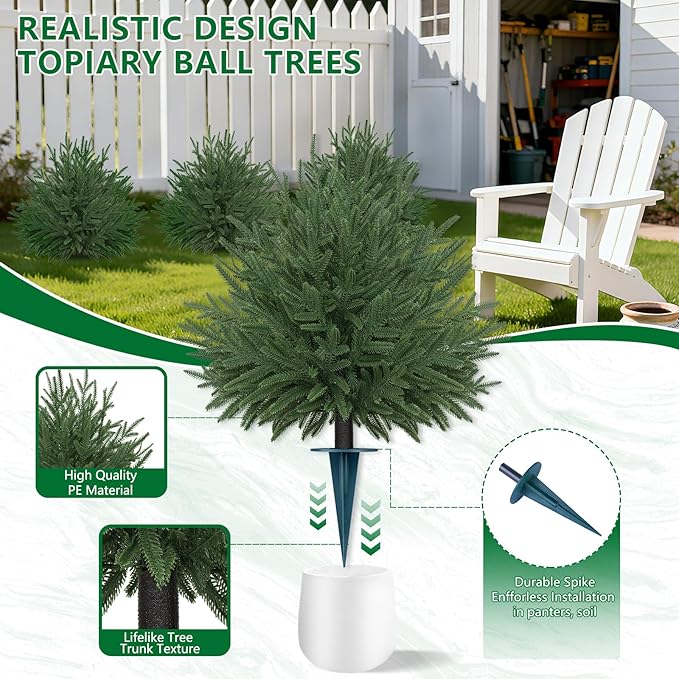 Artificial Norfolk Topiary Cedar Trees with Ground Spike, 2 Pieces Fake Pine Shrubs Bushes, UV Resistant Faux Evergreen Tree Plants for Indoor Outdoor Planters Front Porch