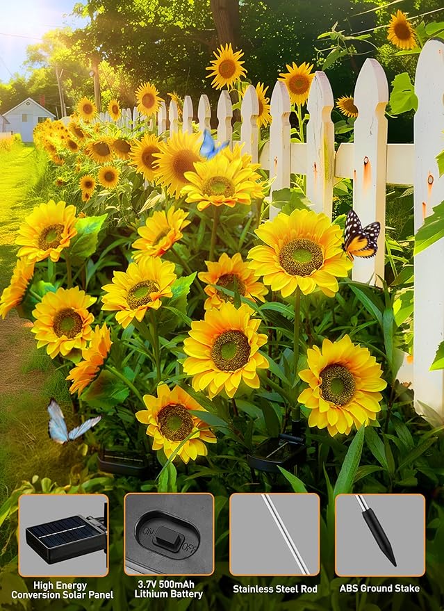 Brightown Outdoor Solar Garden Lights - 4 Pack LED Flower Lights with Larger Sunflowers, Bigger Solar Panel, Waterproof for Outside Yard Patio Garden Decorations