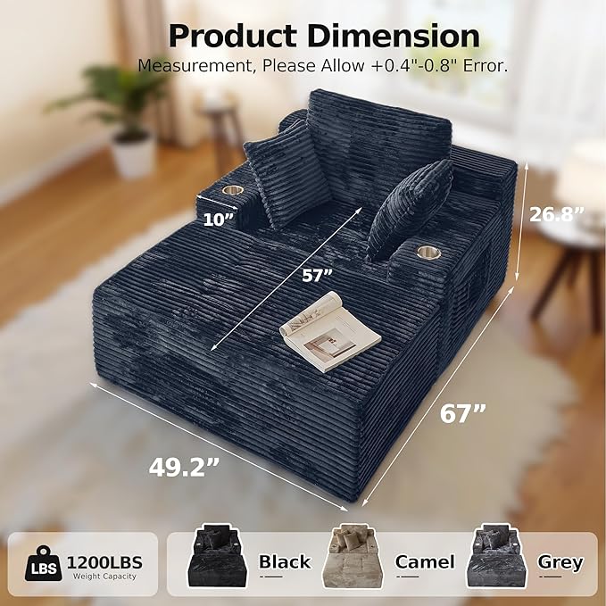 CHORRO67 Chaise Lounge Chair Indoor,Oversized Boneless Single Sleeeper Couch Bed,Corduroy Cloud Sofa with 3 Soft Pillows for Livingroom,Bedroom,No Assembly (Grey)