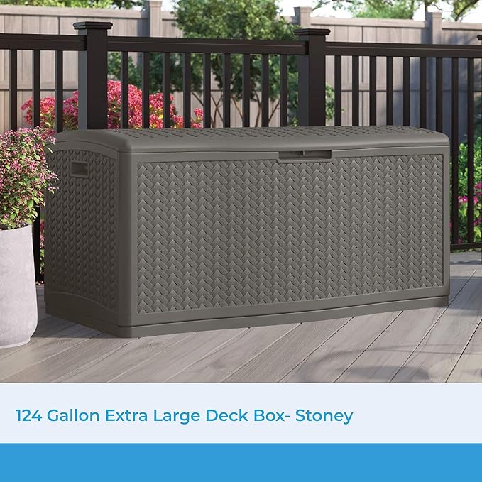 Suncast Extra Large Deck Box - 124 Gallon Resin Outdoor Storage Box with Lockable Lid for Outdoor Cushion Storage, Toys, & Garden Gear, Stoney Grey Wicker Bin for Patio, Porch, Pool, & Yard