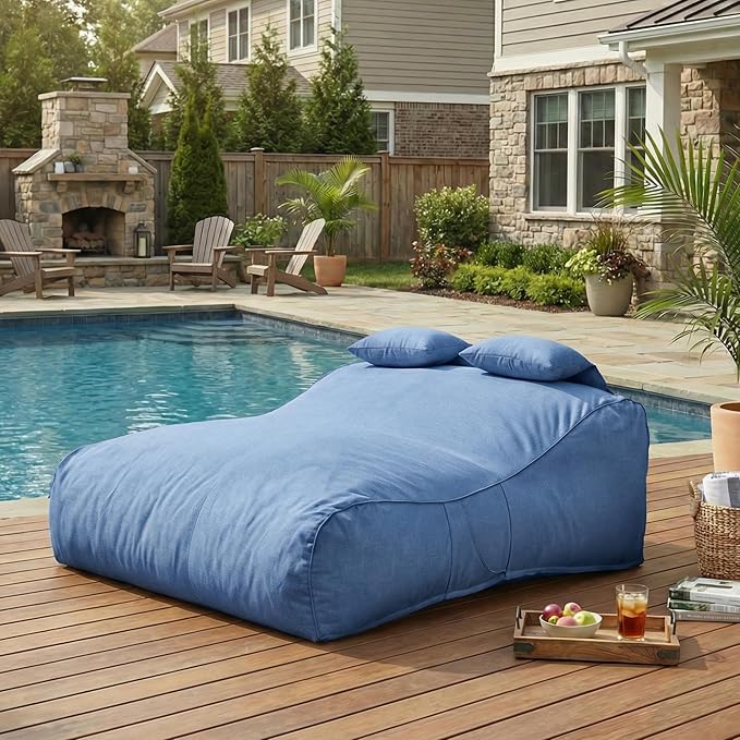 Merax Outdoor Bean Bag Chair Sun Lounger for 2 Adult, 73" Big Comfy Outdoor Bean Bag Daybed Couch with Headrest, Water-Resistant Fabric Patio Chaise Lounger Chair for Pool Balcony Beach Deck, Blue