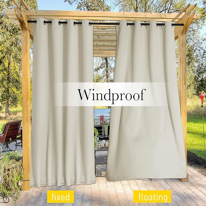 NICETOWN 2 Panels Weighted Blackout Curtains Patio Waterproof Outdoor Curtains, Thermal Insulated Top & Bottom Grommet & Back Tab Wind-Break Drapes Privacy for Pergola, W52 by L95, Light Beige