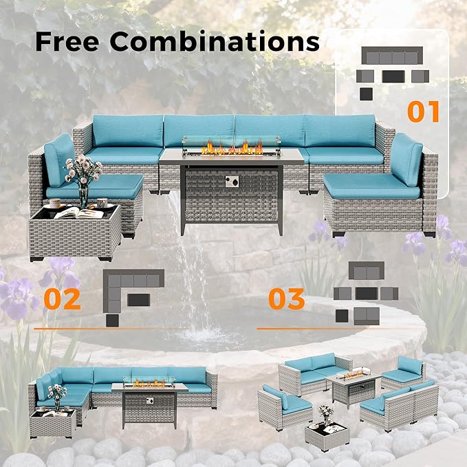 12-Seat Modern Outdoor Wicker Rattan Patio Furniture Set with 55,000 BTU Fire Pit Table, Thick 4″ Cushions, All-Weather Dual-Strand Rattan, Rust-Resistant Steel Frame,Blue