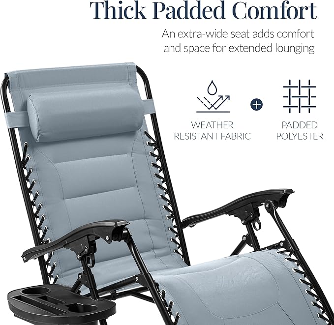 Best Choice Products Oversized Padded Zero Gravity Chair, Folding Outdoor Patio Recliner, XL Anti Gravity Lounger for Backyard w/Headrest, Cup Holder, Side Tray, Polyester Mesh - Breeze Blue