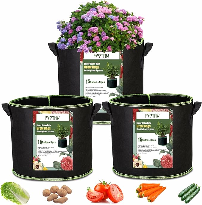 3-Pack 15 Gallon Plant Grow Bags, Thickened Nonwoven Fabric Pots with Handles,Sturdy Garden Planters Aeration Gardening Container to for Plants, Vegetables, and Flowers