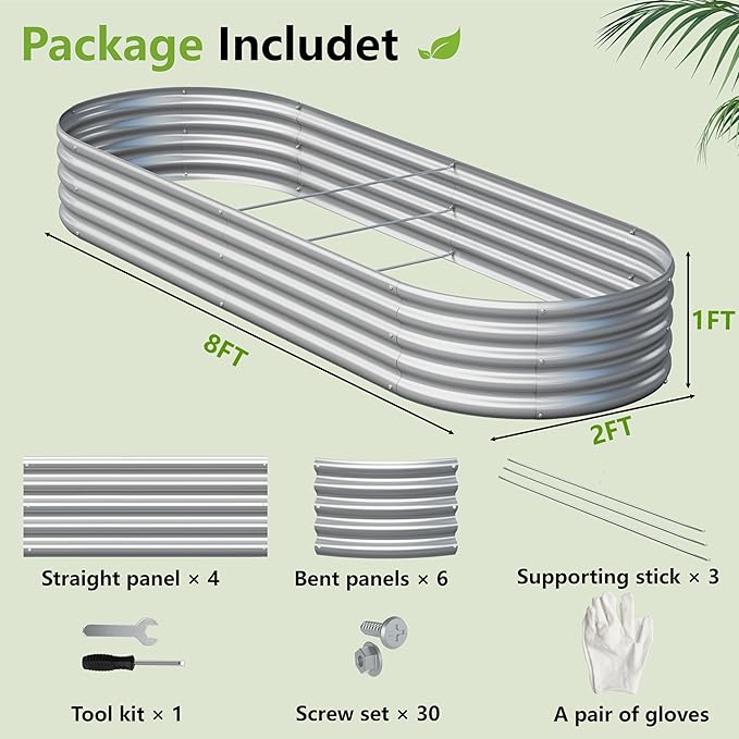 2PCS 8x2x1ft Galvanized Metal Raised Garden Bed Kit,Outdoor Planter Box Vegetables,Flowers,Herbs Durable Rust-Resistant Patio Gardening Beds
