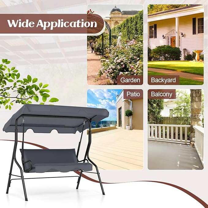 Tangkula 3 Person Porch Swing, Patio Swing with Removable Cushion & Powder-Coated Steel Frame, Outdoor Swing with Canopy for Porch, Backyard, Garden, Balcony (Gray)