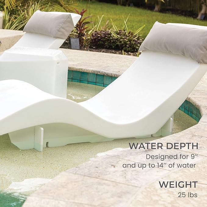 Aqua Outdoors in-Pool DEEP Ledge Chaise Set - Two Chaises - Two Headrest Pillows - Chaise Risers and One Large in Pool Side Table - for ledges 9"-14" inches Deep (Classic White-Blue)