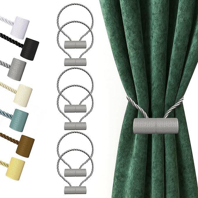 Hion Magnetic Curtain Tiebacks Grey 6 Pack, Curtain Tiebacks Buckles Holdbacks Holders Hooks Clip for Home Bedroom Office Decorative Thick or Thin Curtain