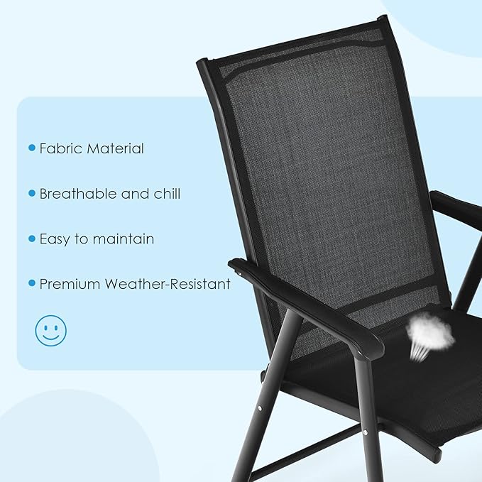 Giantex Set of 2 Patio Folding Chairs, Portable Outdoor Dining Chairs with Armrest for Porch Camping Pool Beach Deck Lawn Garden, Metal Frame, Black