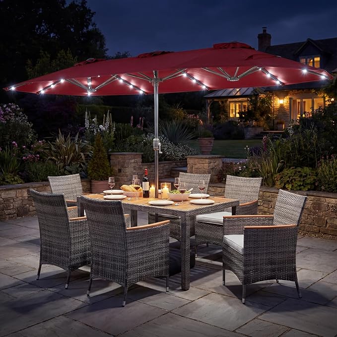 Tangkula 9 Pieces Rattan Outdoor Dining Set with 13Ft Solar Patio Umbrella for 6, Outdoor Wicker Table Set with 8 Cushioned Chairs, Acacia Wood Top, Outdoor Umbrella with Base Included