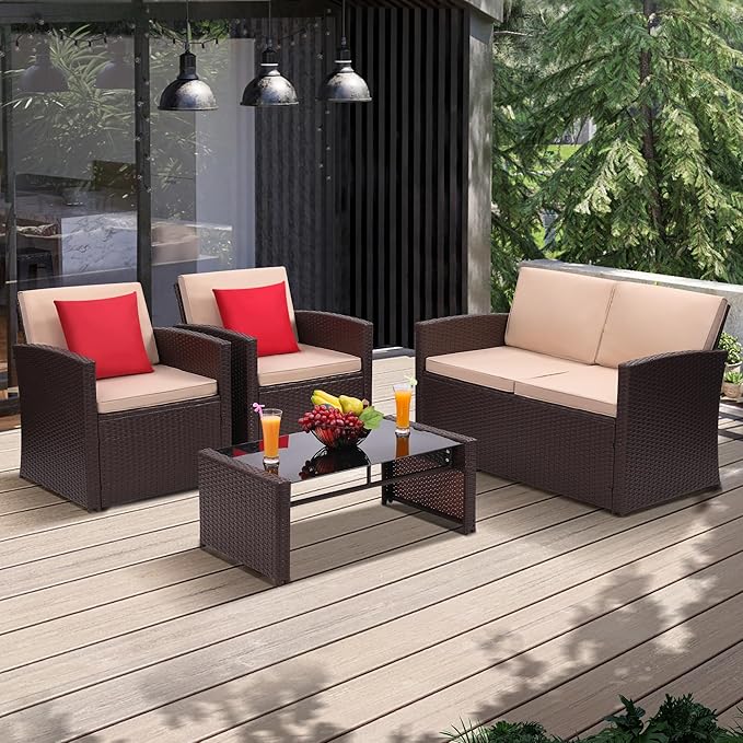 4-Piece Patio Furniture Set, Wicker Outdoor Rattan Sectional Sofa with Cushions and Glass Table, All-Weather Outdoor Conversation Set, Ideal for Garden, Porch, Backyard, Beige
