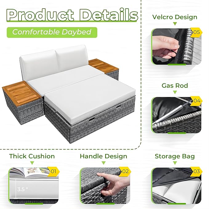 Greesum Outdoor Daybed Set Multifunctional Wicker Lounge Bed Furniture with Two Side Tables, Cushions, Storage Bench for Porch Lawn Patio Beach, OneSize, White