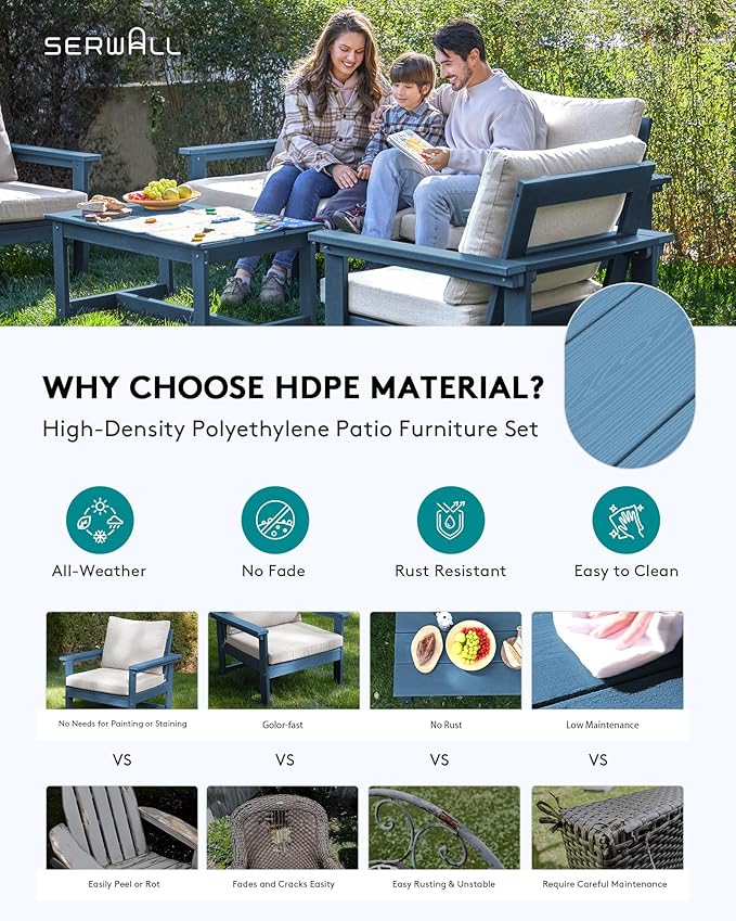 SERWALL HDPE Patio Conversation Set, 6-piece Sectional Outdoor Furniture Set, All Weather Outdoor Couch Set Patio Furniture Set for Deck, Lawn, Blue Frame with Beige Cushion