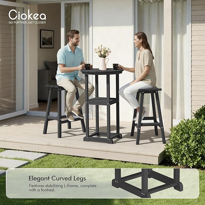 Ciokea 3 Pcs Compact Outdoor Bar Set, Space-Saving Round Bistro Set with 2 Backless Saddle Stools & Storage Shelf, All-Weather HDPE High-Top Table Set for Small Balcony, Patio and Poolside, Black