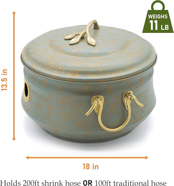 Sedona Hose Pot with Lid, Brass Accents, holds up to 100-Feet of Hose By Good Directions