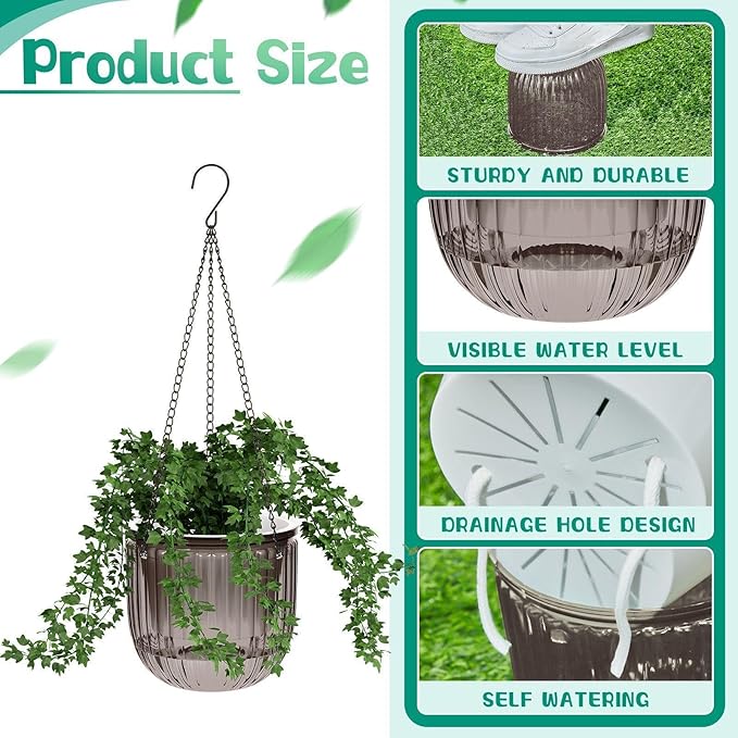 Meanplan 4 Pcs Self Watering Hanging Planter Indoor 6.5 Inch Hanging Baskets for Plants Outdoor Plastic Flower Pot with 3 Hooks Chains Drainage Holes for Garden Home, Medium Size(Gray)