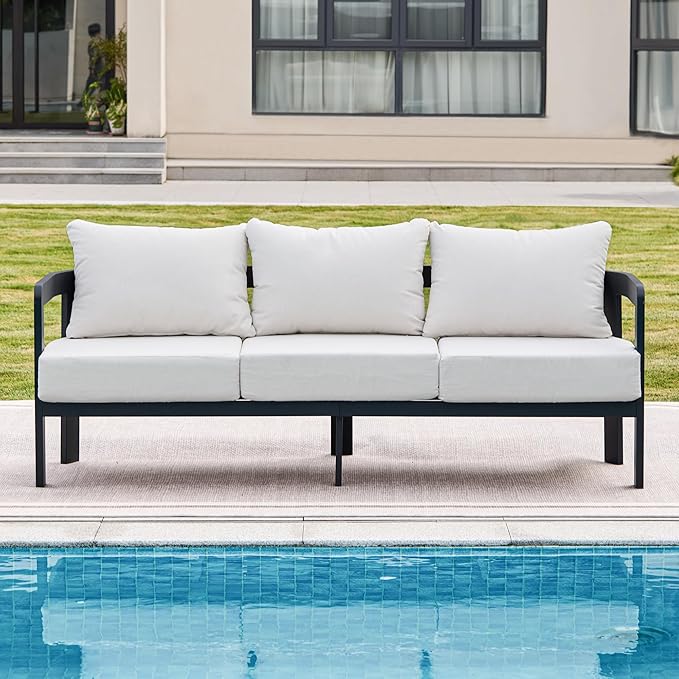 Outdoor Couch Aluminum Patio Furniture, 3-Seat All-Weather Metal Modern Patio Sofa with Washable Thick Cushion for Garden/Backyard/Porch, White