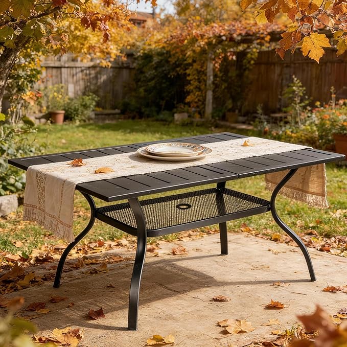 VINGLI 59" Rectangle Patio Table for 6, Metal Outdoor Dining Table with Umbrella Hole, All-Weather Steel Patio Dining Table Outdoor Table for Lawn, Garden, Backyard, Black (L59 xW35)