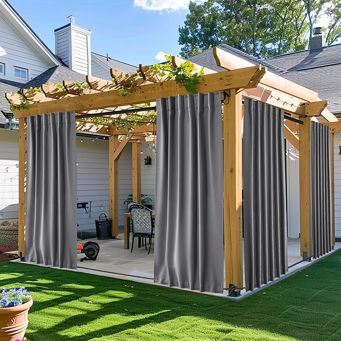 NICETOWN 2 Panels Outdoor Curtains for Patio Waterproof & Windproof, Rod Pocket & Back Tab on Top & Bottom for Privacy and Wind Resistant for Pergola, Free Rope Included, Grey, W52 x L84 per Panel