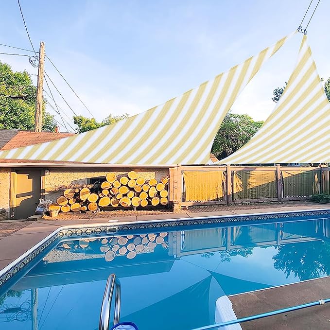 E&K Sunrise 8' x 8' x 8' Sun Shade Sail Triangle Canopy Shade Cover UV Block for Patio Backyard Garden Outdoor (Beige White Strip)
