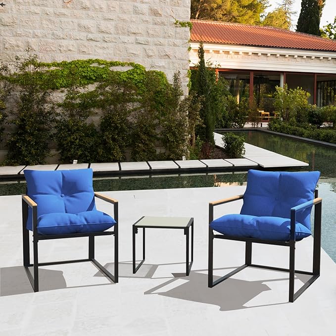 Outdoor Wicker Patio Furniture Set, Rattan Sectional Sofa Set with Thick Cushions (Blue, 3 Piece Conversation Set)