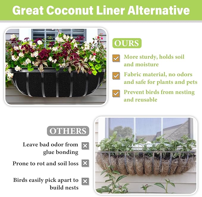 Riare 6 Pack 24 Inch Black Felt Window Box Liners- Fabric Trough Planter Basket Liners Replacement, Non-Woven Hanging Plant Liner for Wall Hanging Basket, Garden Fence Railing (Avoid Bird Nesting)