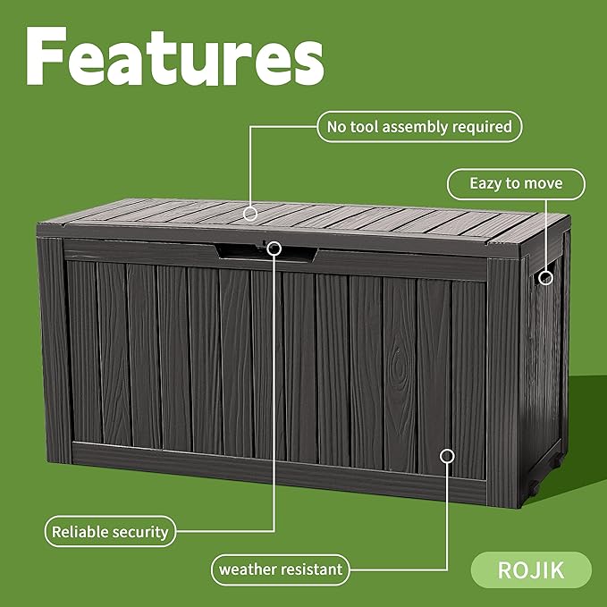 ROJIK Outdoor Storage Housing Deck Box - Waterproof Patio Furniture, Garden Tools, Cushions, Pool Accessories Storage Bench with Lockable Lid and Side Handles (Black 76 Gal)