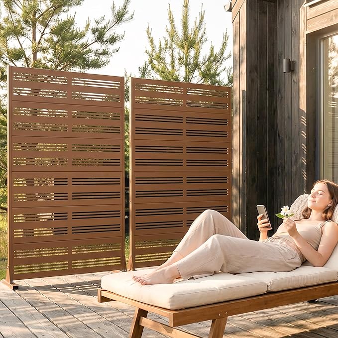 Casaphoria Metal Privacy Screen Outdoor, 72" H x 47" W Freestanding Decorative Privacy Screen for Patio Deck Balcony Garden with Stable Base, Brown-Harold