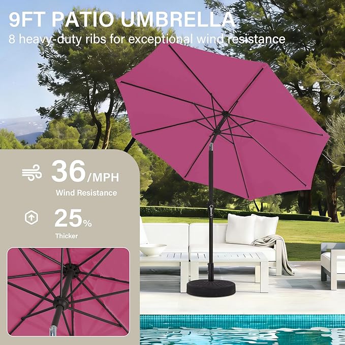 MEWAY 9ft Patio Umbrella Outdoor Table Umbrellas with Push Button Tilt and Crank, Market Umbrella 8 Sturdy Ribs for Deck, Garden, Pool and Backyard, Pink
