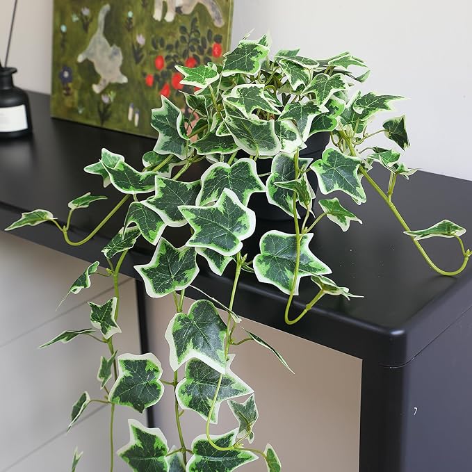 Fake English Ivy Plants in Pots Set of 2 – Realistic Artificial Ivy Greenery for Home Decor, Tabletop, Office, Shelf, Balcony, Lifelike Faux Hanging Vines, No Maintenance Required - White and Green