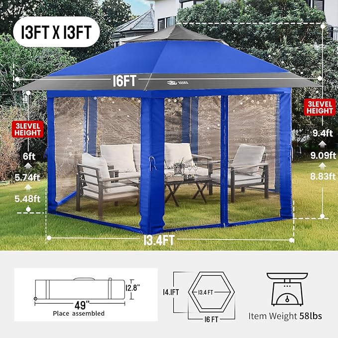 CROWN SHADES 13x13 Pop Up Gazebo with Mosquito Nettings, Patented Center Lock 6-Sided Portable Gazebo, 300D Silver-Coated Fabric UV Resistant, Pop Up Canopy Tent for Patio, Party, Blue&Light Grey