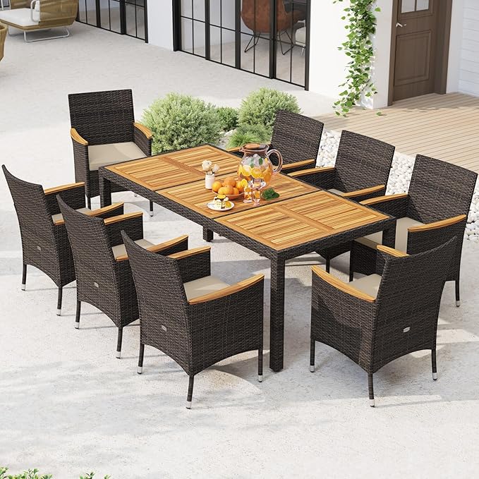 Tangkula 9 Pieces Rattan Outdoor Dining Set for 8, Outdoor Acacia Wood Table Set with 8 Cushioned Wicker Chairs, Umbrella Hole, Patio Dining Furniture Set for Deck Pool Backyard
