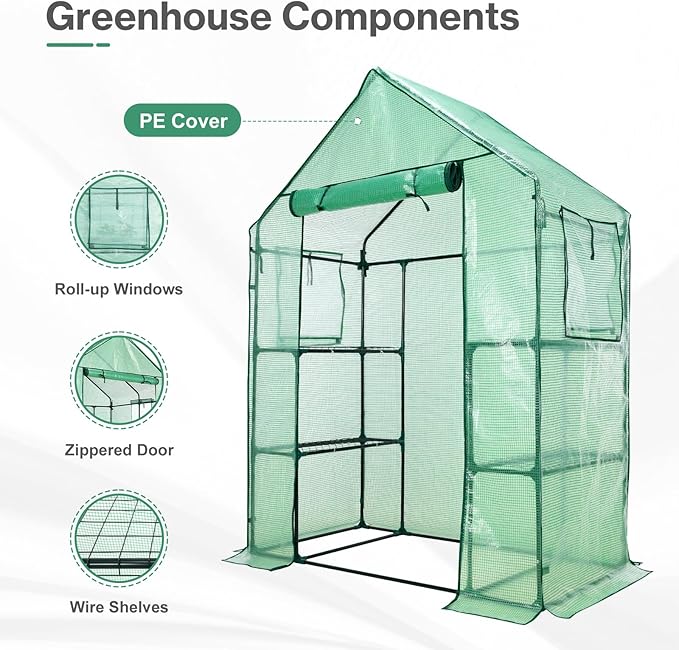 Aoodor Walk-in Greenhouse with 4 Shelves, 4.7×2.5×6.4 ft Outdoor Garden Plant House with PE Cover for Growing Vegetables, Flowers, Herbs
