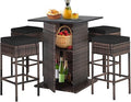 Tangkula 5 Piece Outdoor Rattan Bar Set, Patio Bar Furniture with 4 Cushions Stools and Smooth Top Table with Hidden Storage Shelf, Outdoor Conversation Set for Poolside, Backyard, Lawn